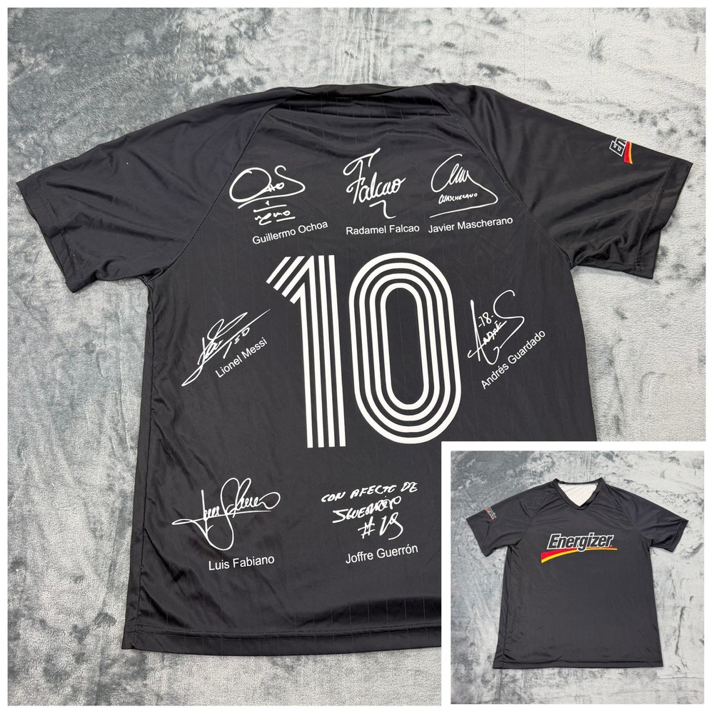 Rare Energizer Soccer Jersey Lionel Messi‎ Falcao Ochoa Signatures Black Mens L